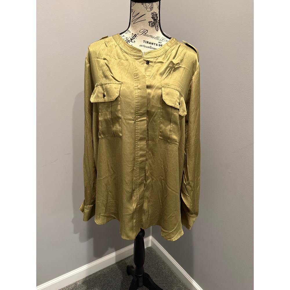 NWT Lane Bryant Women Plus 20 Olive Gold Satin Military Blouse Epaulette Top NEW